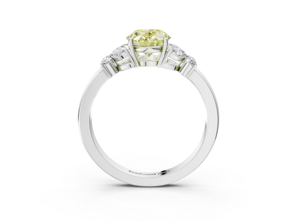 Platinum Fancy Yellow Oval  Cut Solitaire Floral Diamond Ring with Four-Prong Setting