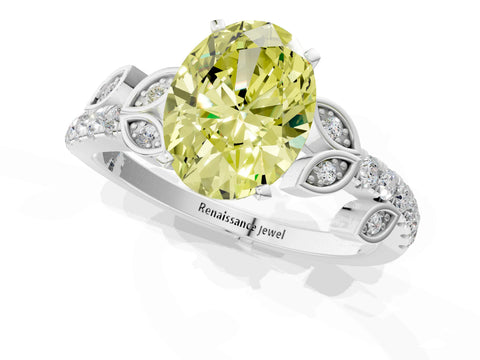 White gold Fancy Yellow Oval Cut Solitaire Leaf-Inspired Diamond Ring with Pavé Band and Four-Prong Setting_1