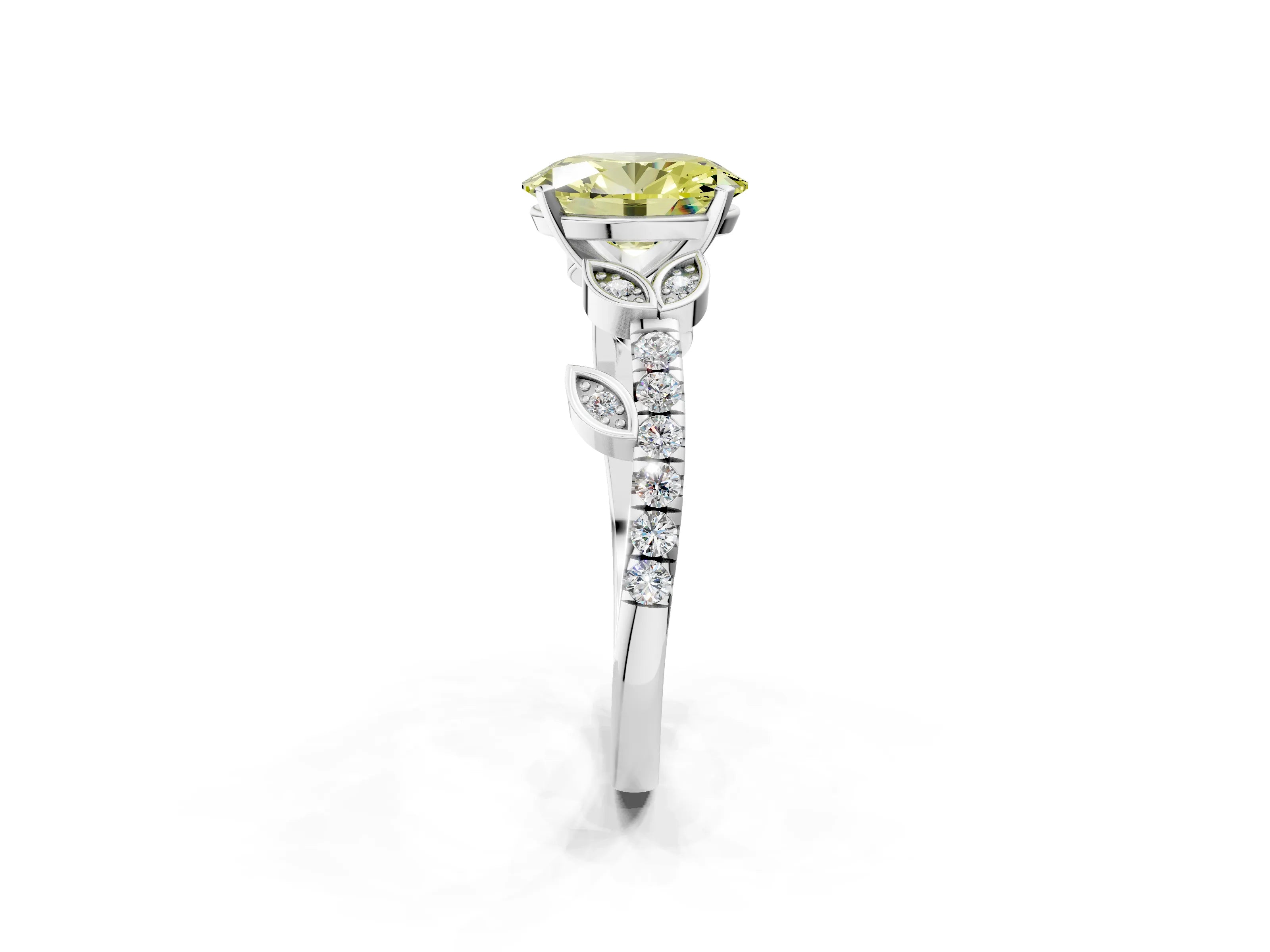 White gold Fancy Yellow Oval Cut Solitaire Leaf-Inspired Diamond Ring with Pavé Band and Four-Prong Setting_2