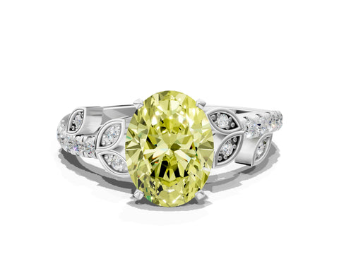 White gold Fancy Yellow Oval Cut Solitaire Leaf-Inspired Diamond Ring with Pavé Band and Four-Prong Setting_24