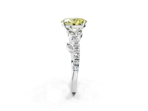 White gold Fancy Yellow Oval Cut Solitaire Leaf-Inspired Diamond Ring with Pavé Band and Four-Prong Setting_2