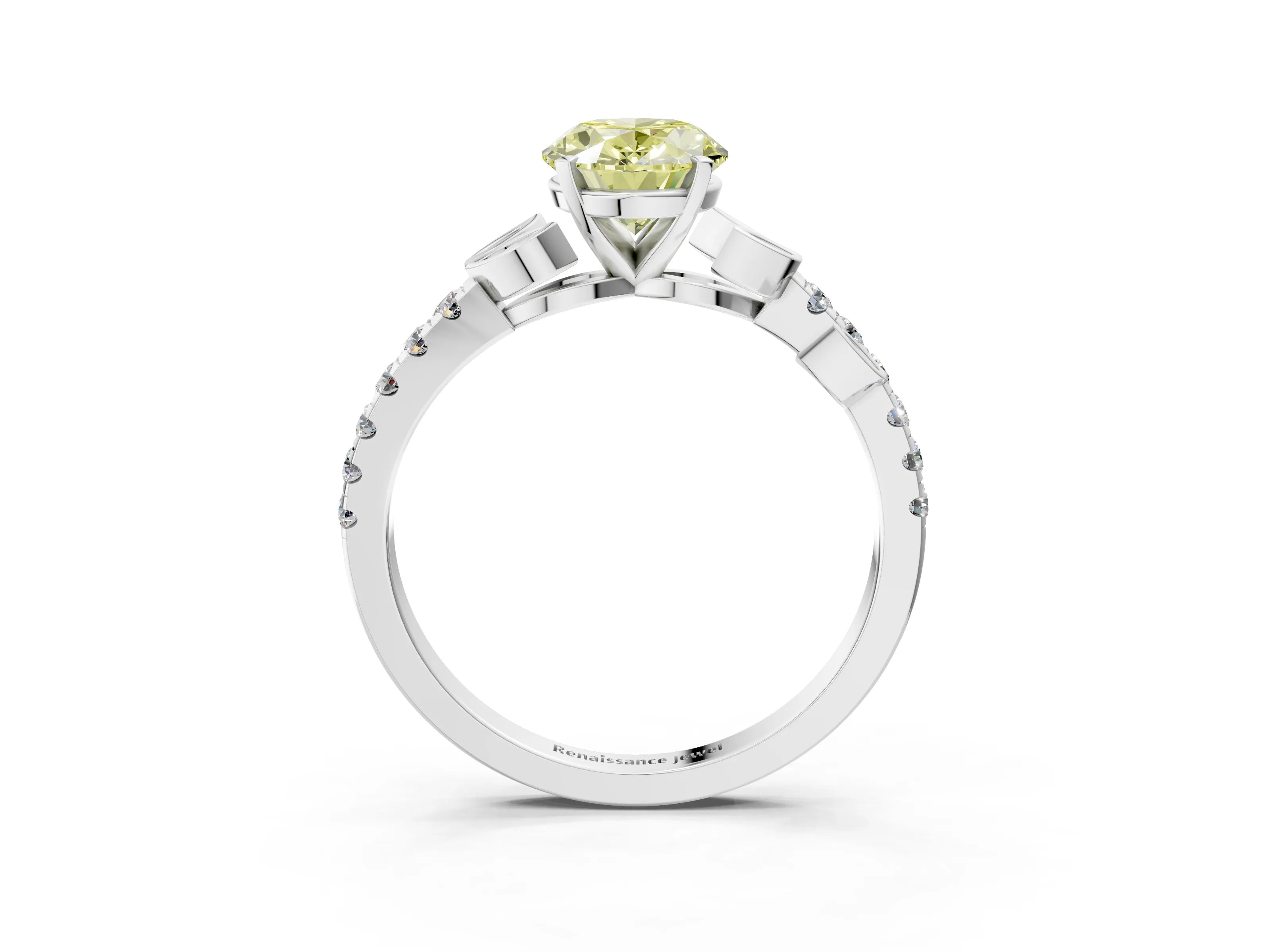 White gold Fancy Yellow Oval Cut Solitaire Leaf-Inspired Diamond Ring with Pavé Band and Four-Prong Setting_39