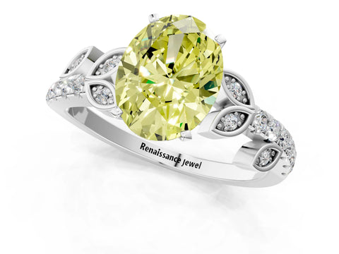 White gold Fancy Yellow Oval Cut Solitaire Leaf-Inspired Diamond Ring with Pavé Band and Four-Prong Setting_43