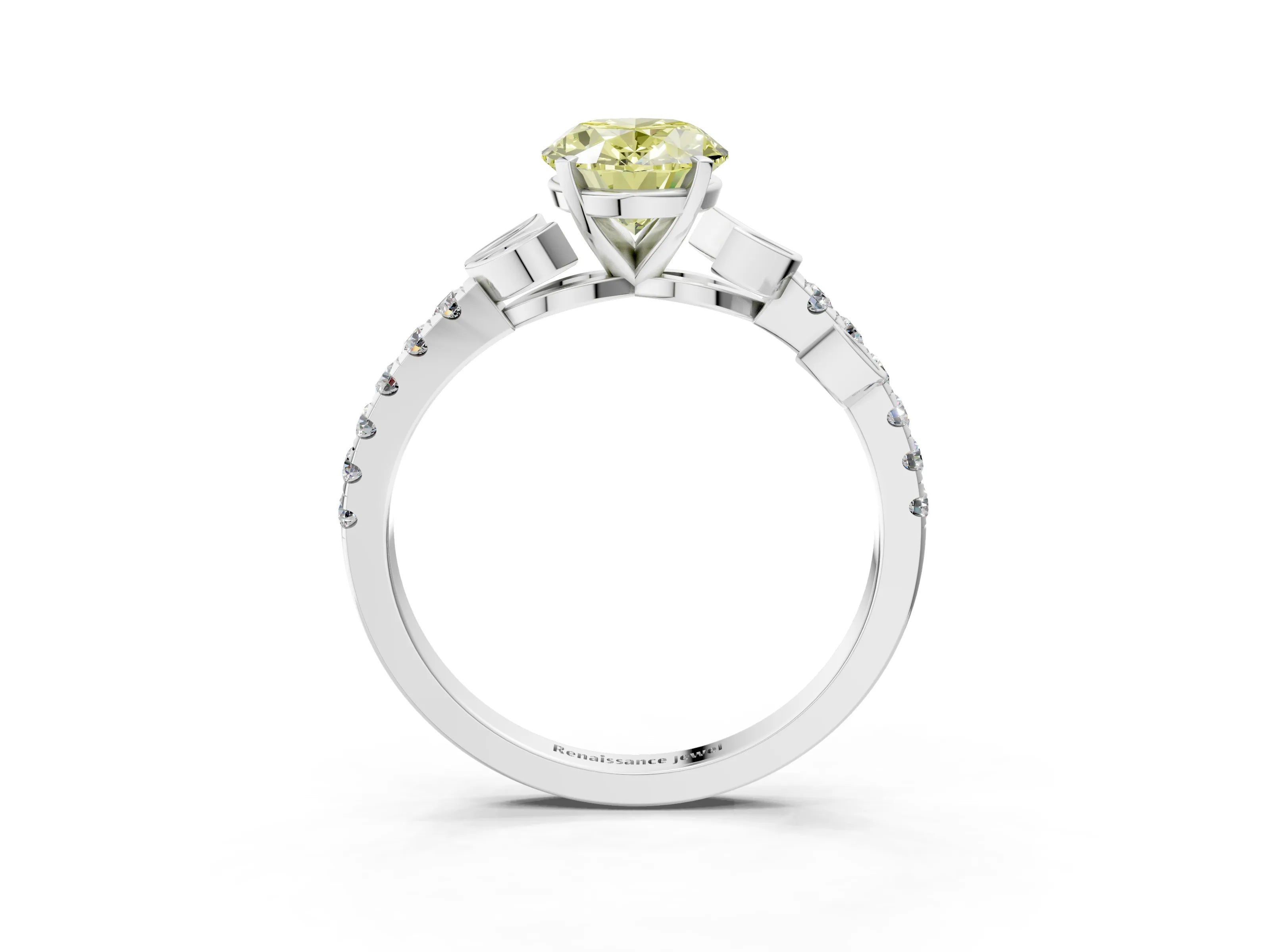 White gold Fancy Yellow Oval Cut Solitaire Leaf-Inspired Diamond Ring with Pavé Band and Four-Prong Setting_45
