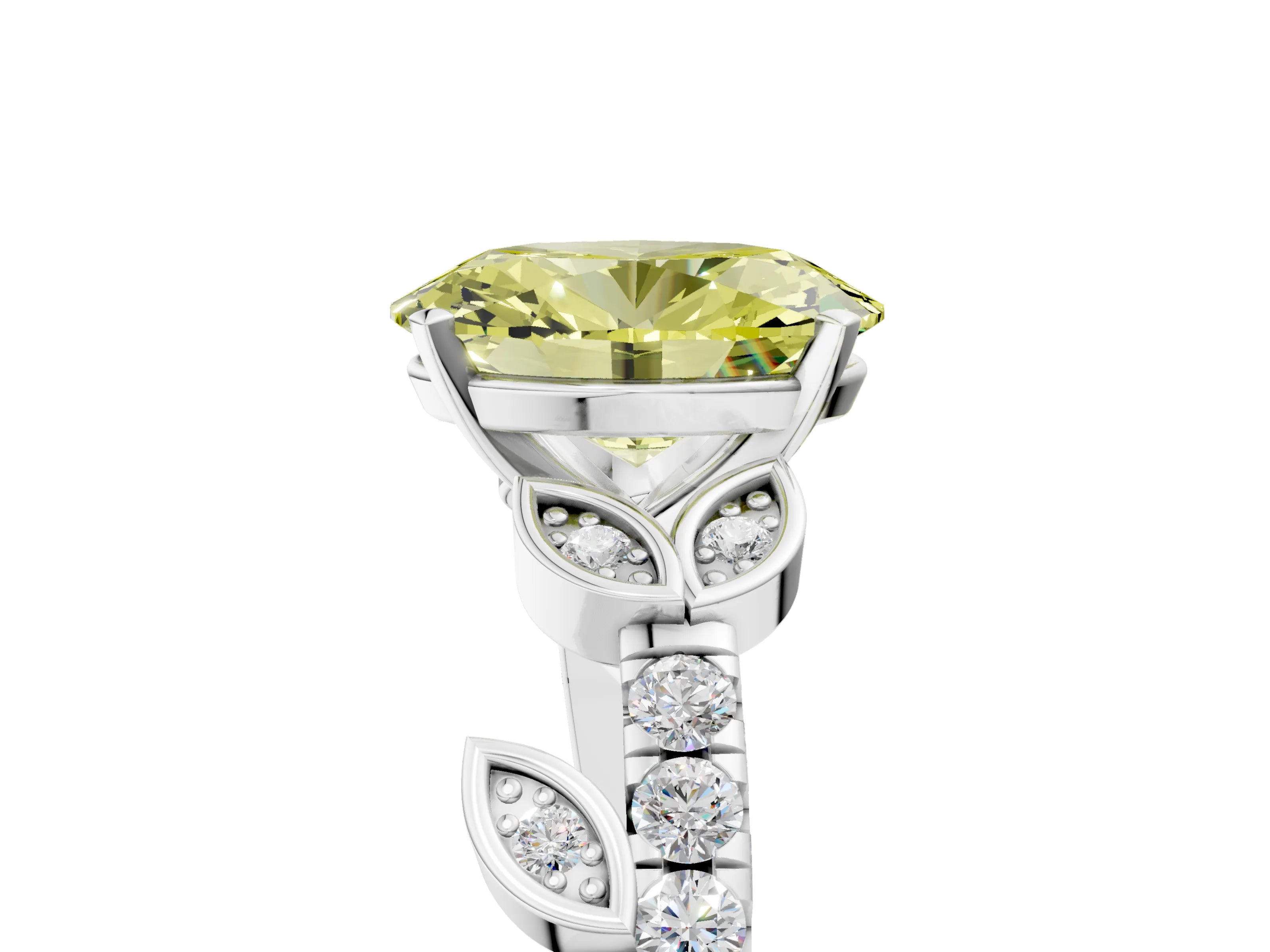 White gold Fancy Yellow Oval Cut Solitaire Leaf-Inspired Diamond Ring with Pavé Band and Four-Prong Setting_47