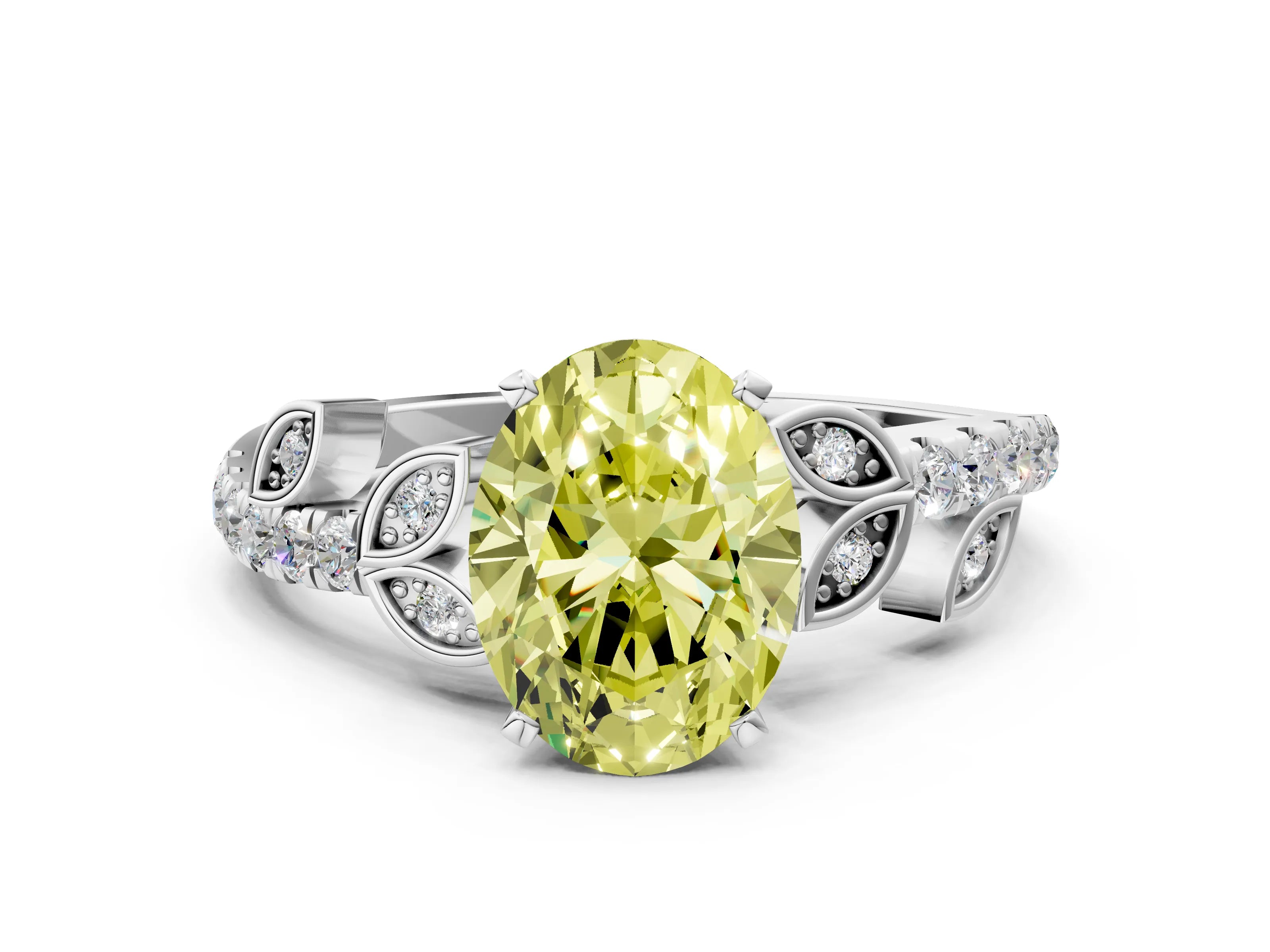 White gold Fancy Yellow Oval Cut Solitaire Leaf-Inspired Diamond Ring with Pavé Band and Four-Prong Setting_48