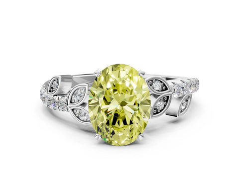 White gold Fancy Yellow Oval Cut Solitaire Leaf-Inspired Diamond Ring with Pavé Band and Four-Prong Setting_48