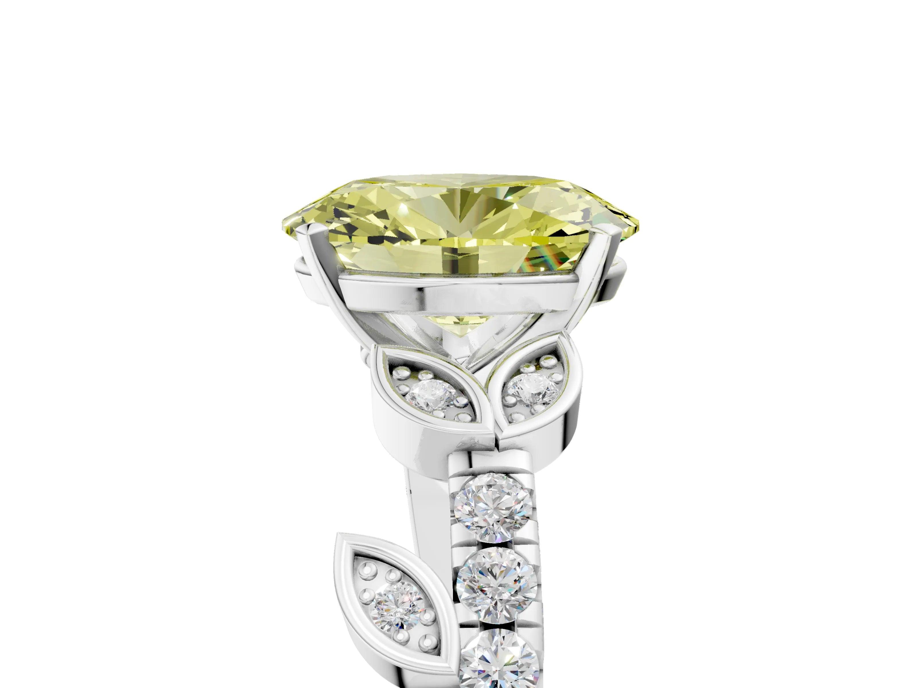 White gold Fancy Yellow Oval Cut Solitaire Leaf-Inspired Diamond Ring with Pavé Band and Four-Prong Setting_5