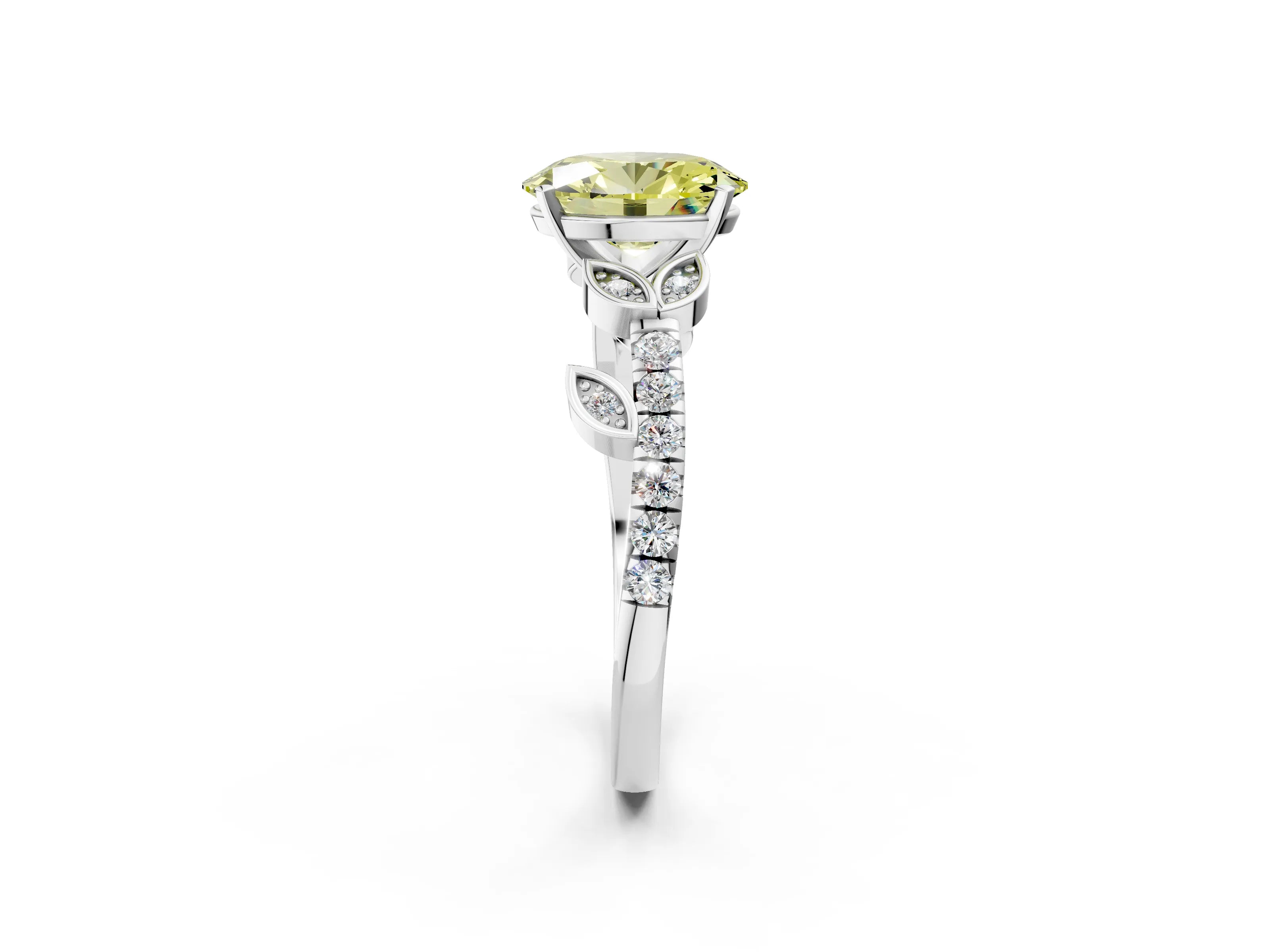 White gold Fancy Yellow Oval Cut Solitaire Leaf-Inspired Diamond Ring with Pavé Band and Four-Prong Setting_50