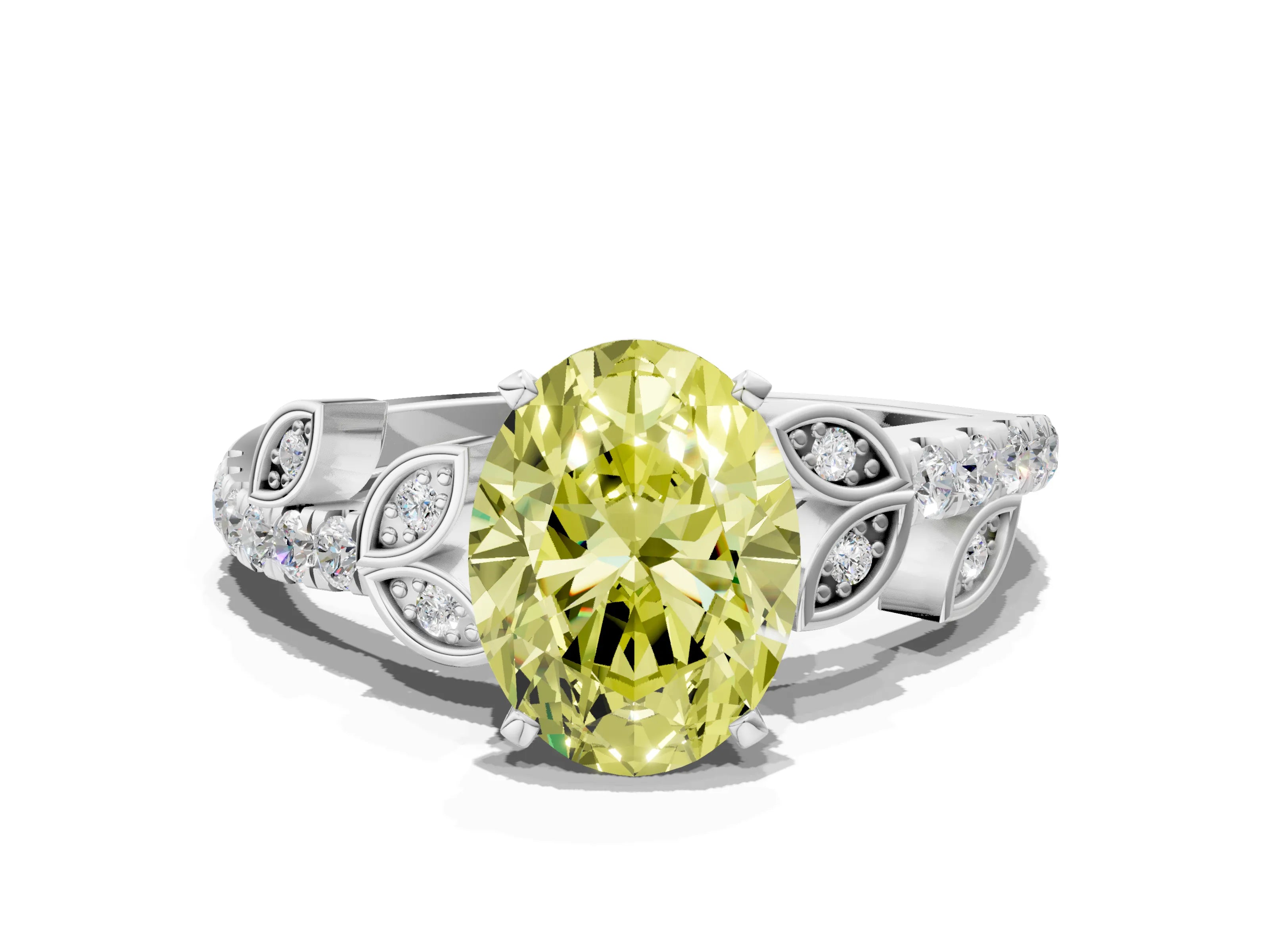 White gold Fancy Yellow Oval Cut Solitaire Leaf-Inspired Diamond Ring with Pavé Band and Four-Prong Setting