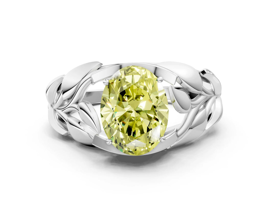 White gold Fancy Yellow Oval Cut Solitaire Leaf-Inspired Engagement Ring with Prong Setting_1