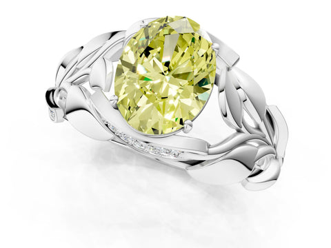 White gold Fancy Yellow Oval Cut Solitaire Leaf-Inspired Engagement Ring with Prong Setting_1