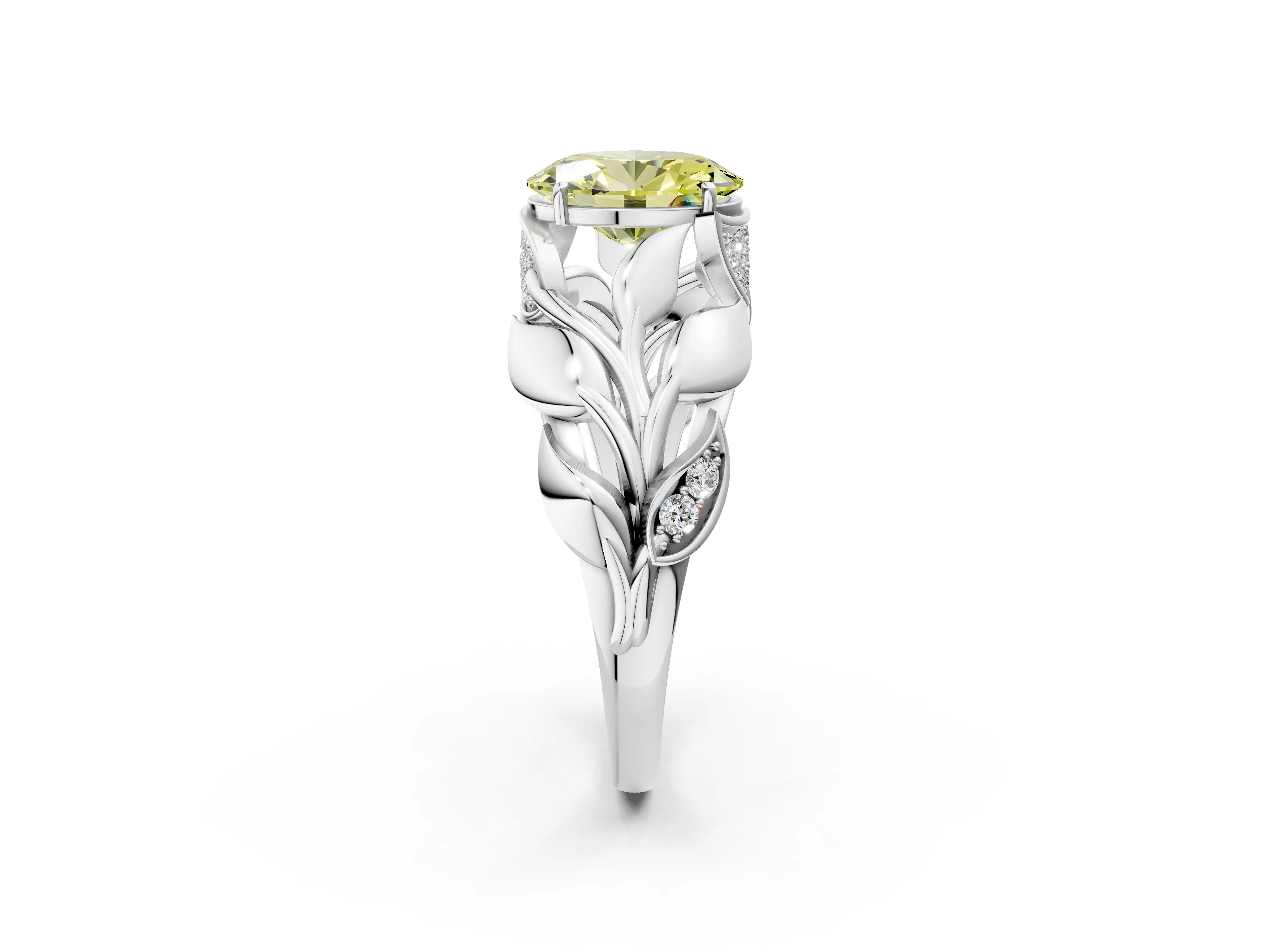 White gold Fancy Yellow Oval Cut Solitaire Leaf-Inspired Engagement Ring with Prong Setting_2