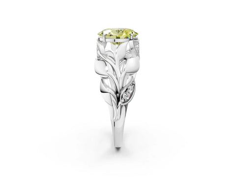 White gold Fancy Yellow Oval Cut Solitaire Leaf-Inspired Engagement Ring with Prong Setting_2