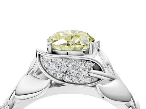 White gold Fancy Yellow Oval Cut Solitaire Leaf-Inspired Engagement Ring with Prong Setting_4