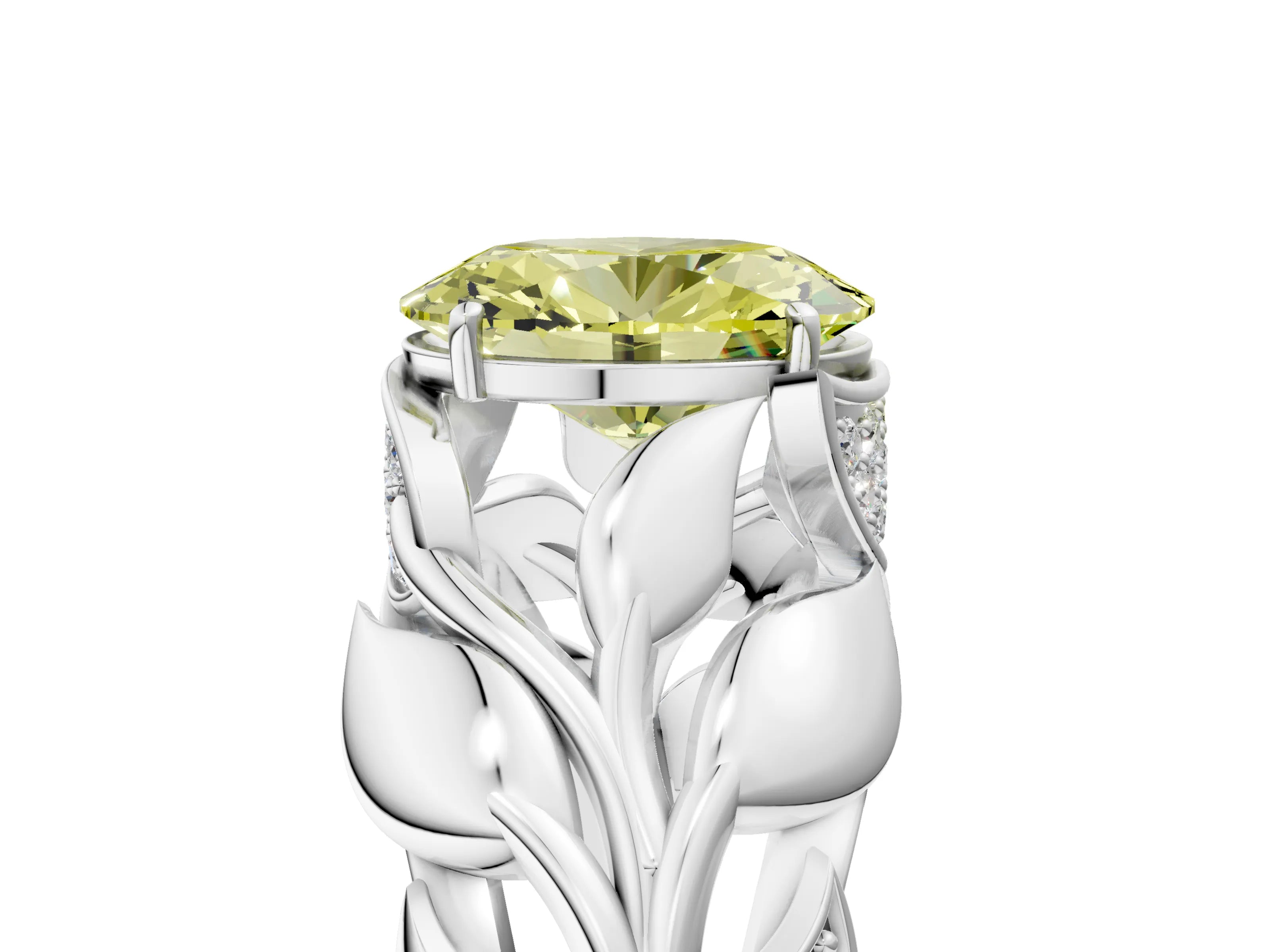 White gold Fancy Yellow Oval Cut Solitaire Leaf-Inspired Engagement Ring with Prong Setting_5