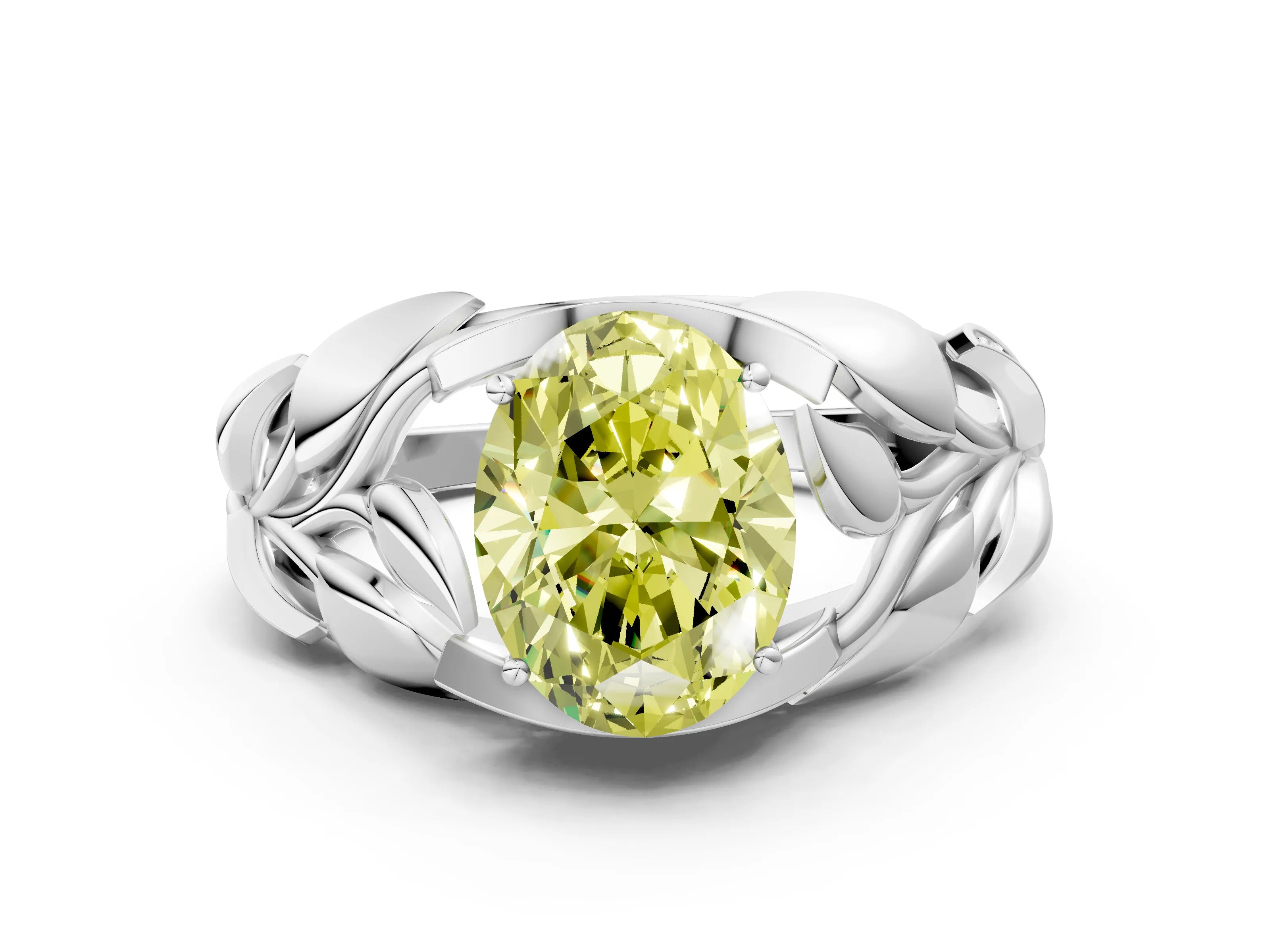 White gold Fancy Yellow Oval Cut Solitaire Leaf-Inspired Engagement Ring with Prong Setting