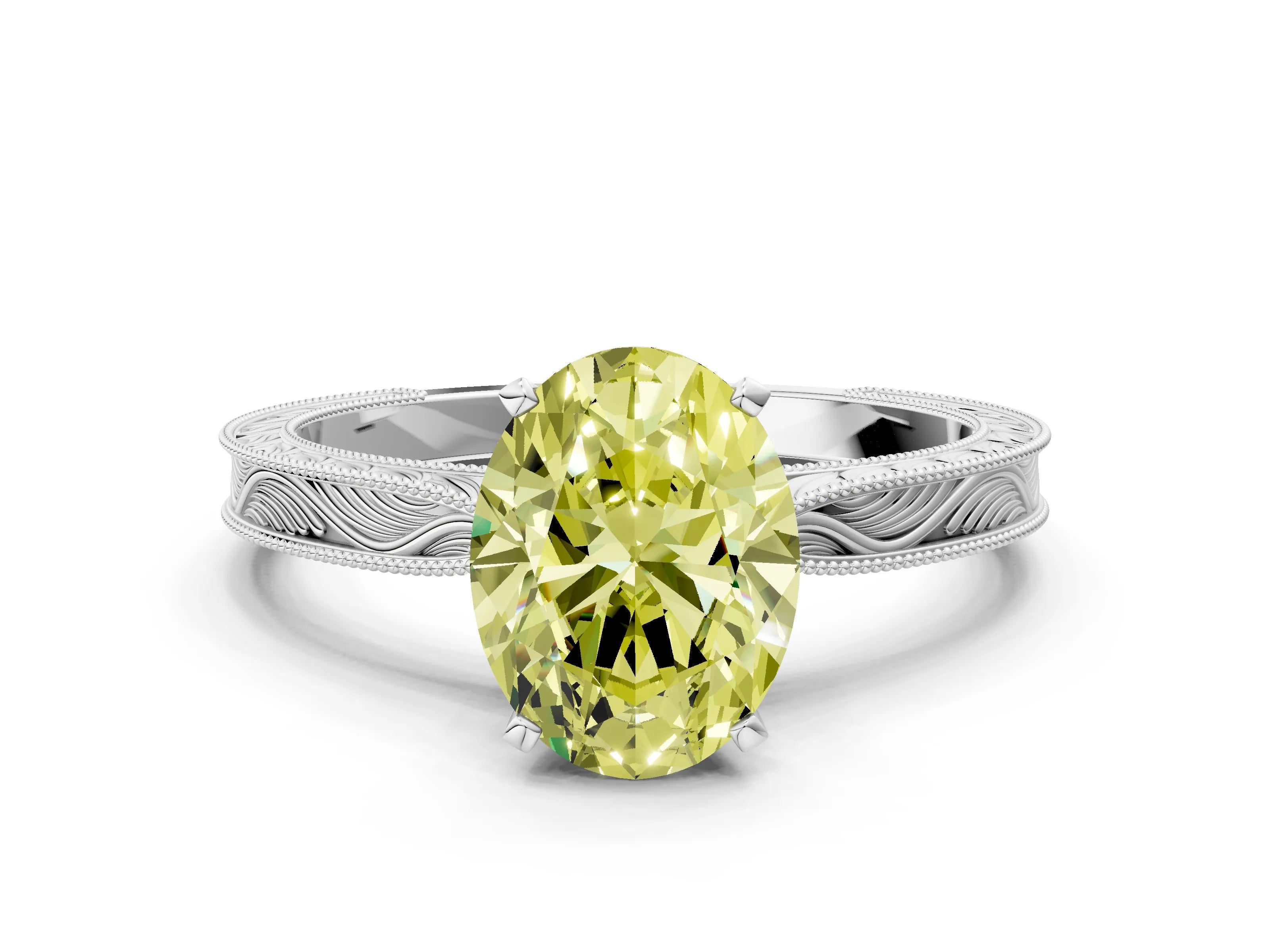 White gold Fancy Yellow Oval Cut Solitaire Milgrain Engraved Band with Four-Prong Setting_12