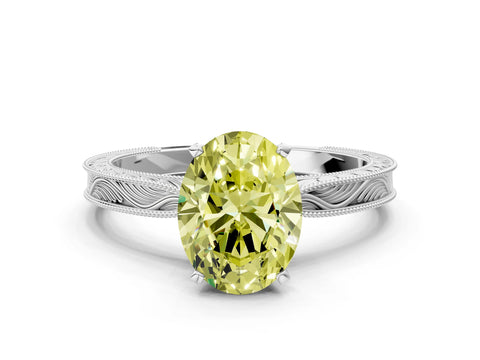 White gold Fancy Yellow Oval Cut Solitaire Milgrain Engraved Band with Four-Prong Setting_12