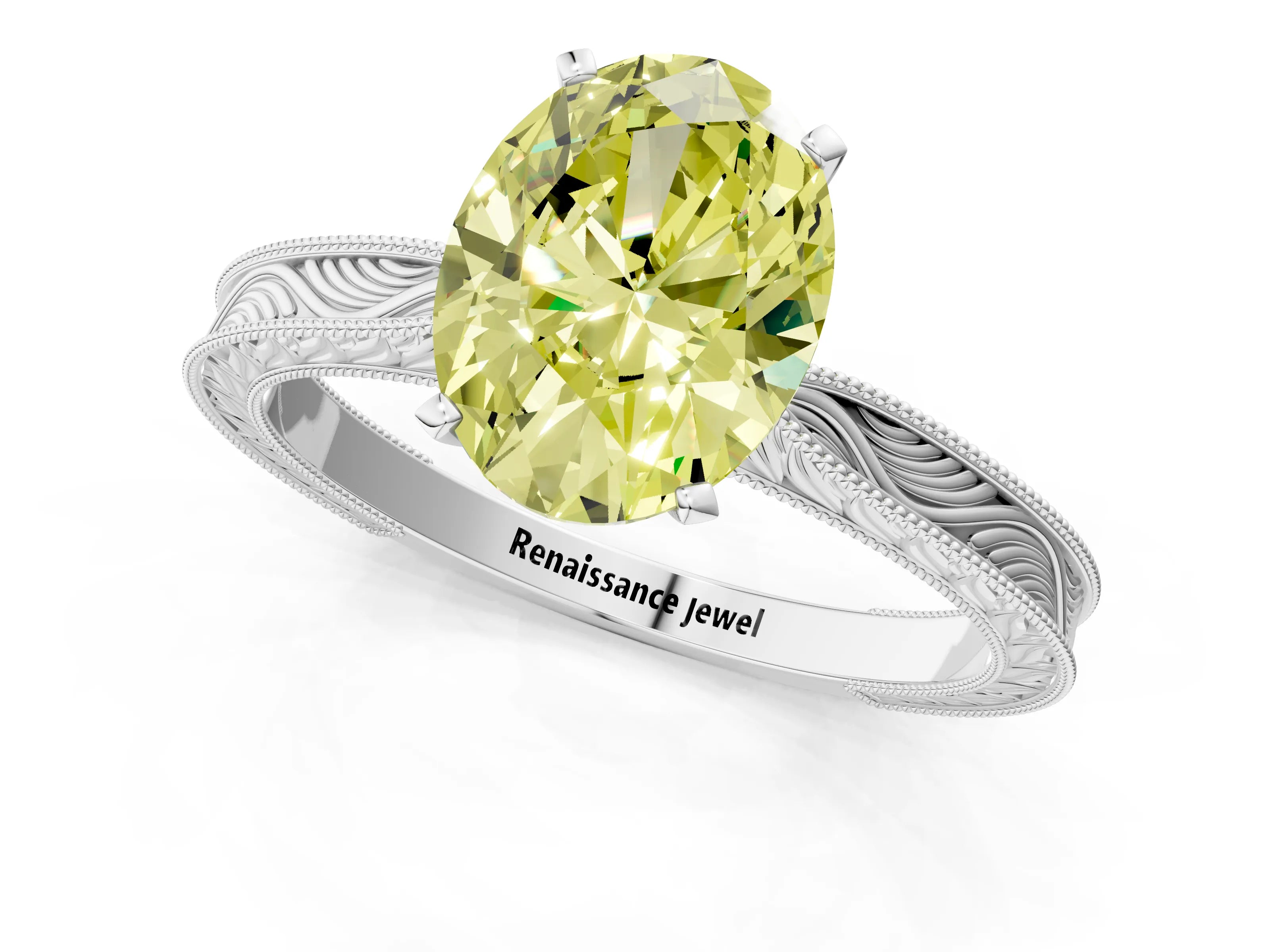 White gold Fancy Yellow Oval Cut Solitaire Milgrain Engraved Band with Four-Prong Setting_13