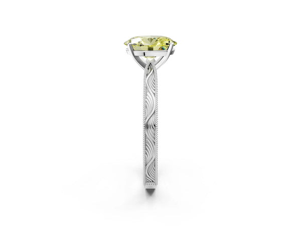 White gold Fancy Yellow Oval Cut Solitaire Milgrain Engraved Band with Four-Prong Setting