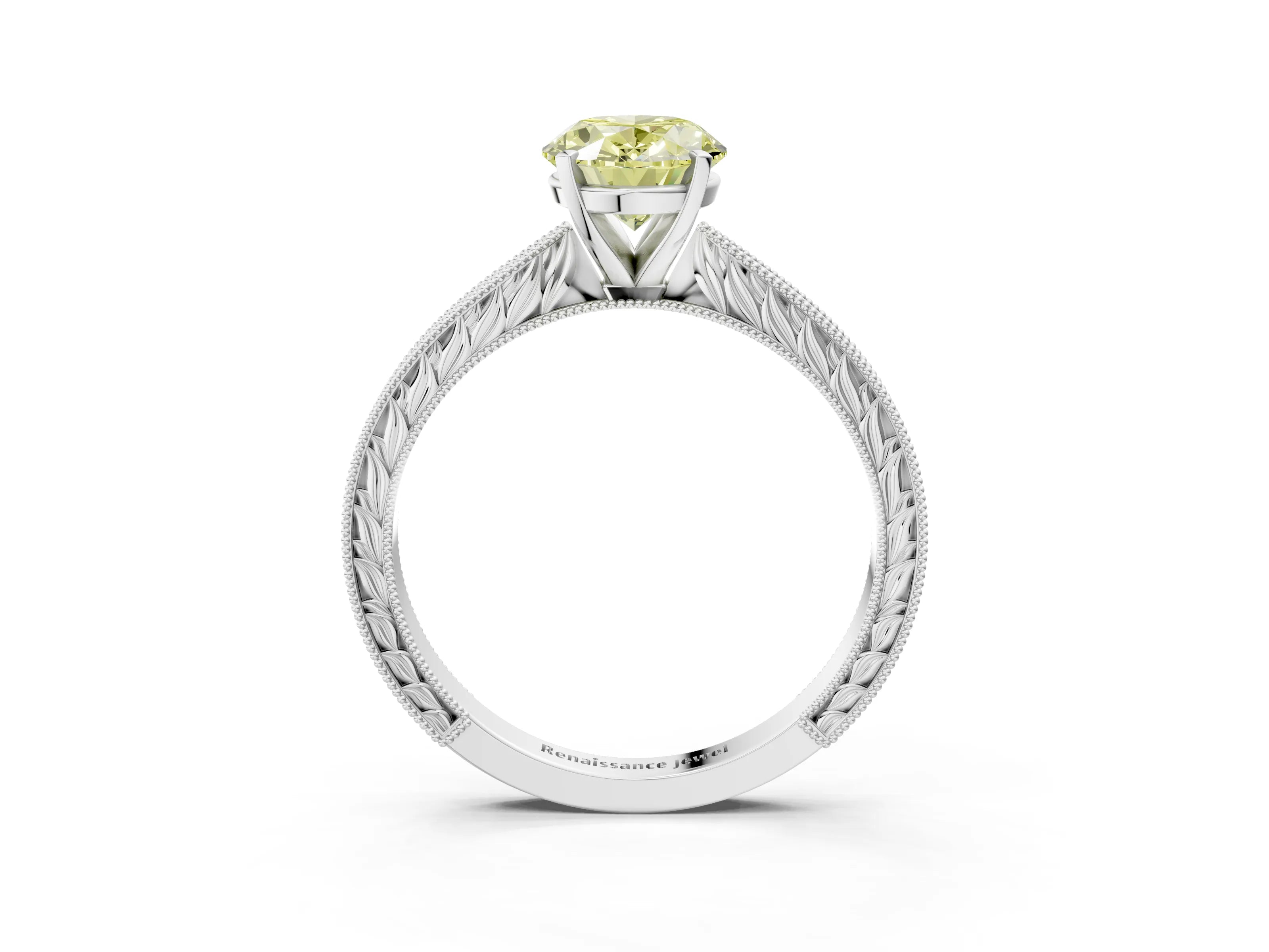 White gold Fancy Yellow Oval Cut Solitaire Milgrain Engraved Band with Four-Prong Setting_15