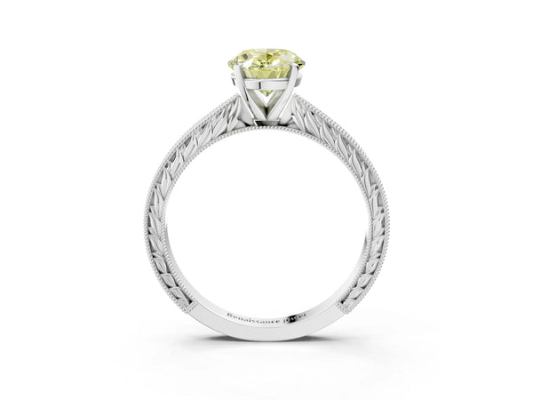 White gold Fancy Yellow Oval Cut Solitaire Milgrain Engraved Band with Four-Prong Setting