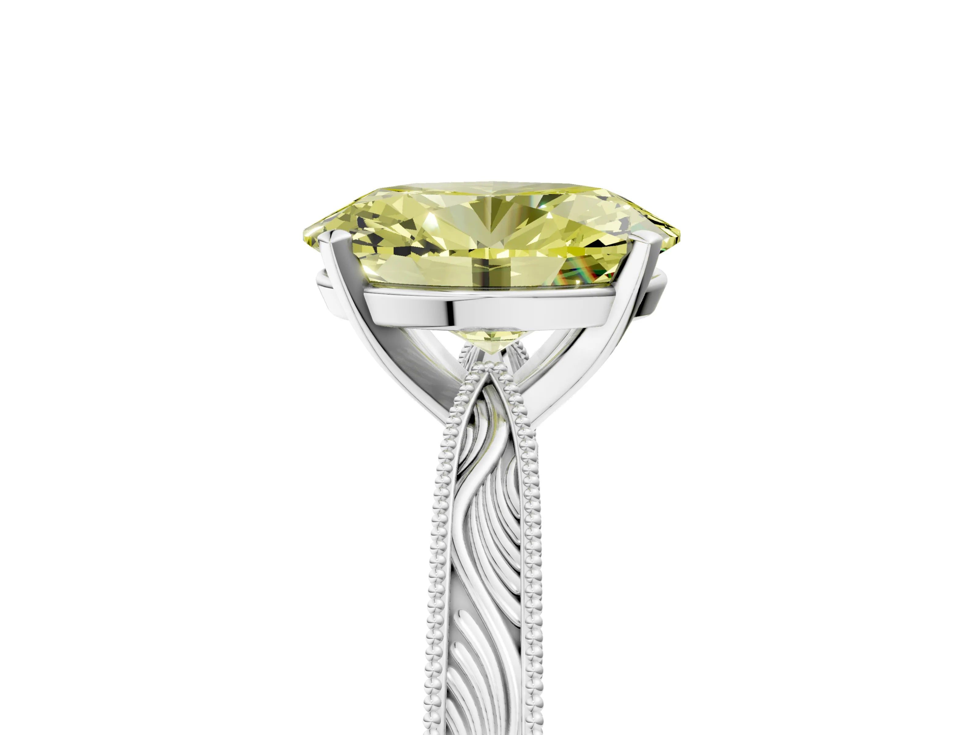 White gold Fancy Yellow Oval Cut Solitaire Milgrain Engraved Band with Four-Prong Setting_17