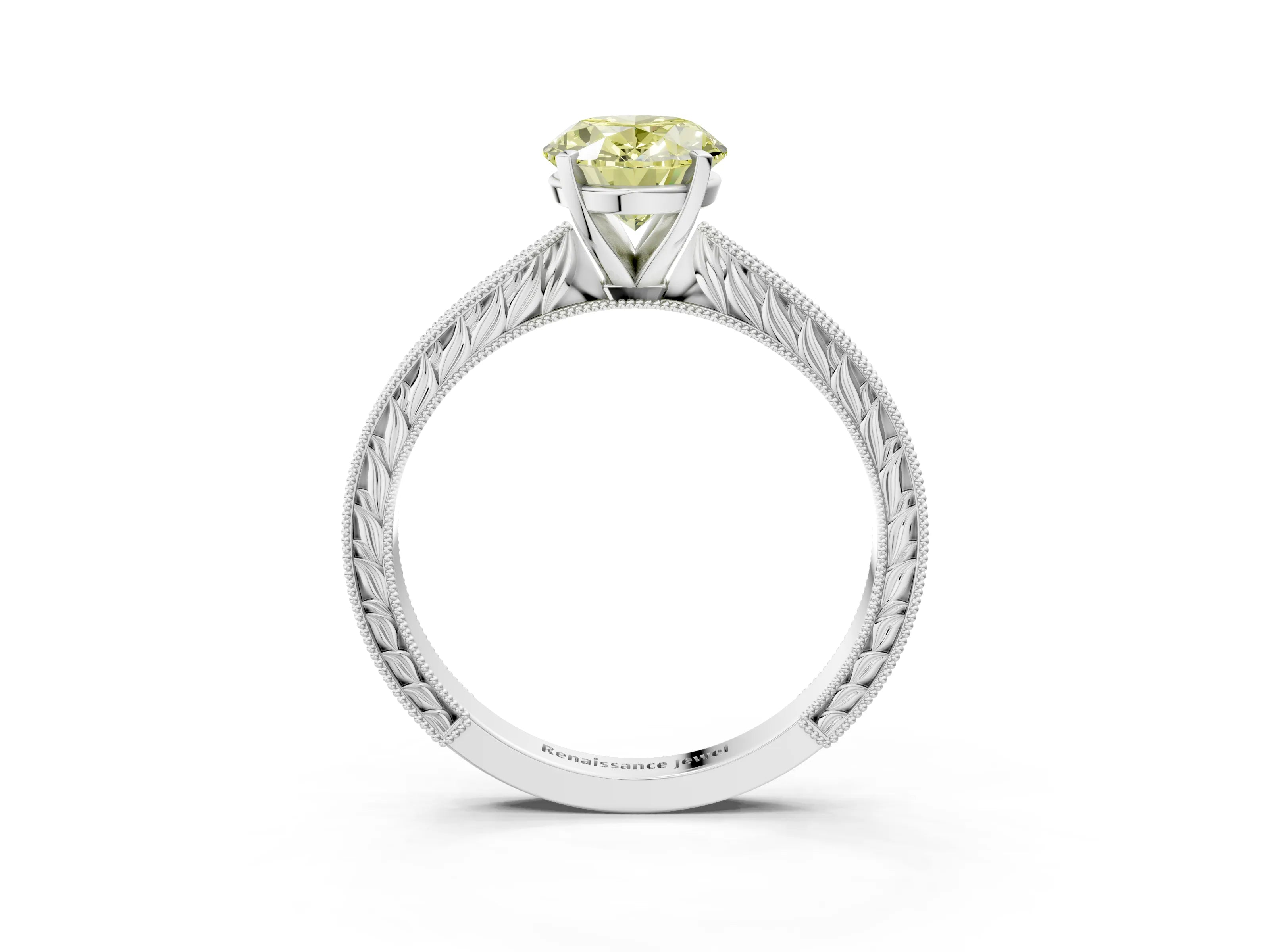 White gold Fancy Yellow Oval Cut Solitaire Milgrain Engraved Band with Four-Prong Setting_3