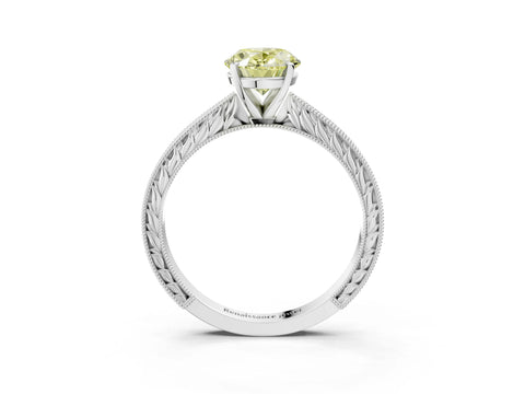 White gold Fancy Yellow Oval Cut Solitaire Milgrain Engraved Band with Four-Prong Setting_3