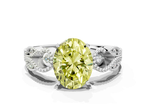 White gold Fancy Yellow Oval Cut Solitaire Milgrain Leaf Band with Prong Setting