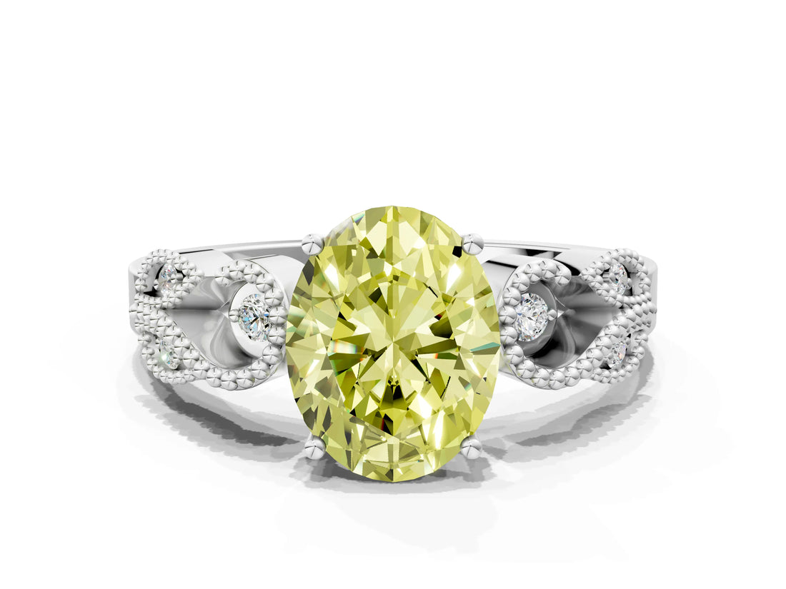 White gold Fancy Yellow Oval Cut Solitaire Milgrain Leaf Band with Prong Setting_12
