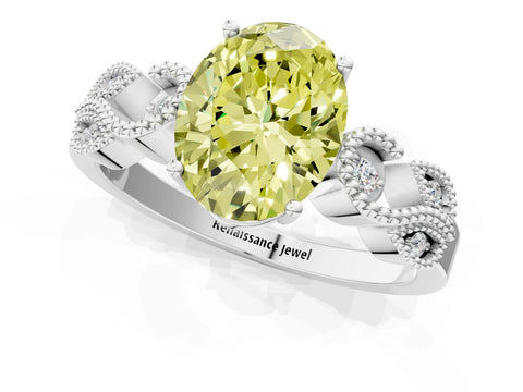 White gold Fancy Yellow Oval Cut Solitaire Milgrain Leaf Band with Prong Setting_13