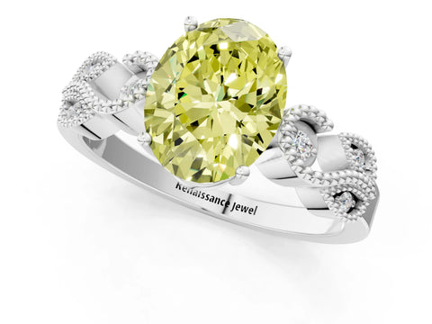White gold Fancy Yellow Oval Cut Solitaire Milgrain Leaf Band with Prong Setting_1