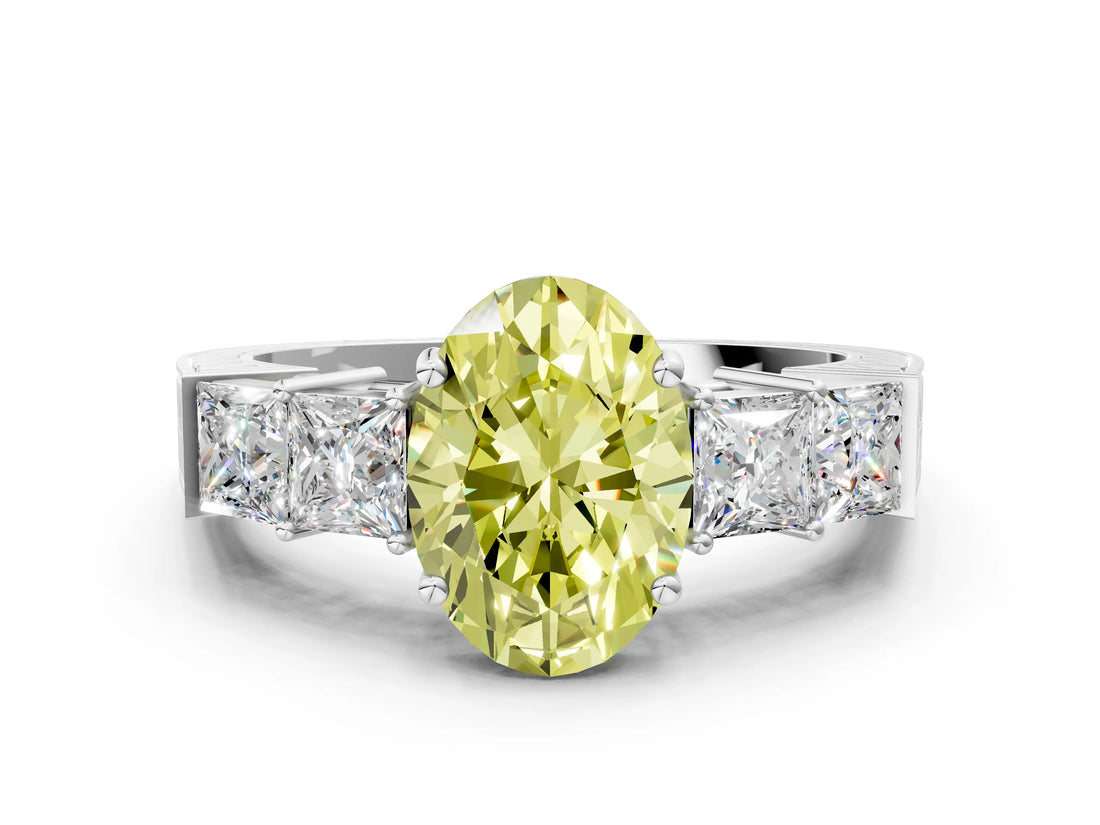 White gold Fancy Yellow Oval Cut Solitaire Princess Side Stone Engraved Band Prong Setting Ring_12