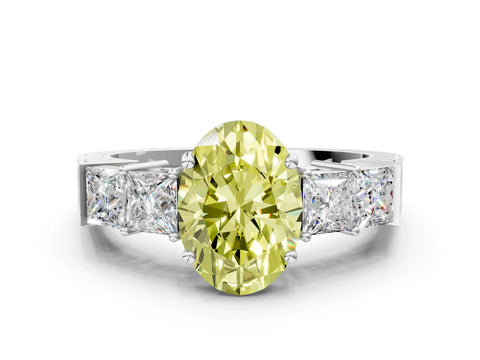 White gold Fancy Yellow Oval Cut Solitaire Princess Side Stone Engraved Band Prong Setting Ring_12