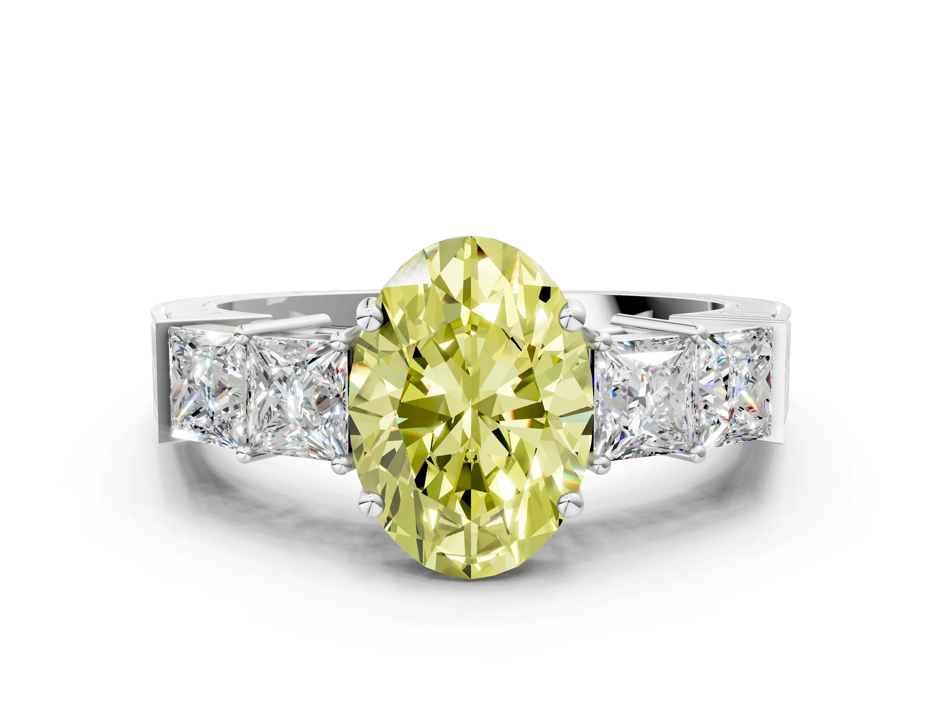 White gold Fancy Yellow Oval Cut Solitaire Princess Side Stone Engraved Band Prong Setting Ring_12