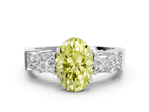 White gold Fancy Yellow Oval Cut Solitaire Princess Side Stone Engraved Band Prong Setting Ring