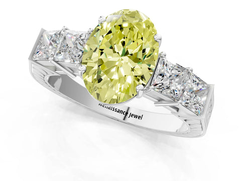 White gold Fancy Yellow Oval Cut Solitaire Princess Side Stone Engraved Band Prong Setting Ring_13