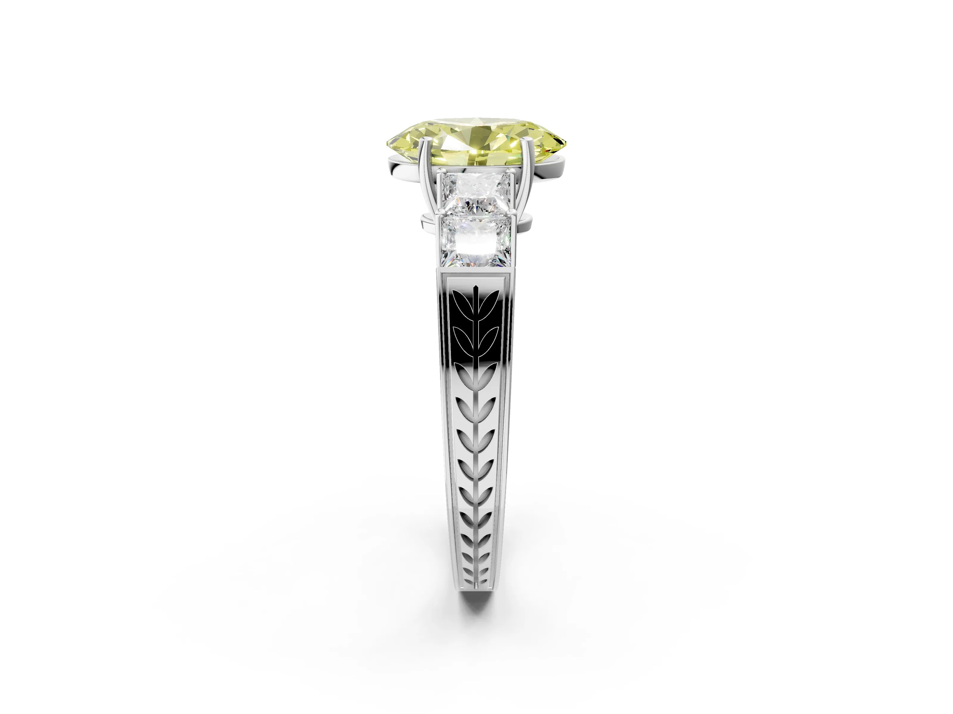 White gold Fancy Yellow Oval Cut Solitaire Princess Side Stone Engraved Band Prong Setting Ring_14