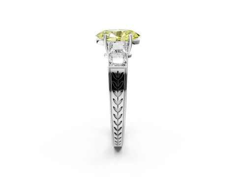 White gold Fancy Yellow Oval Cut Solitaire Princess Side Stone Engraved Band Prong Setting Ring_14
