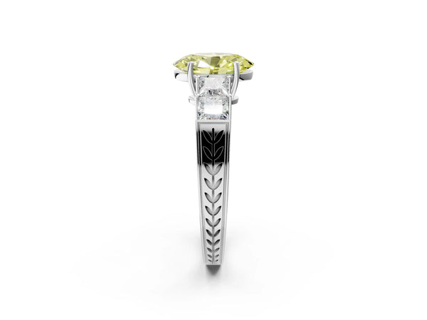 White gold Fancy Yellow Oval Cut Solitaire Princess Side Stone Engraved Band Prong Setting Ring