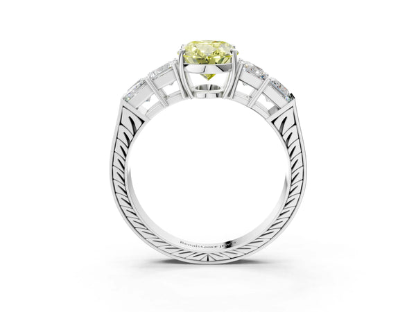 White gold Fancy Yellow Oval Cut Solitaire Princess Side Stone Engraved Band Prong Setting Ring
