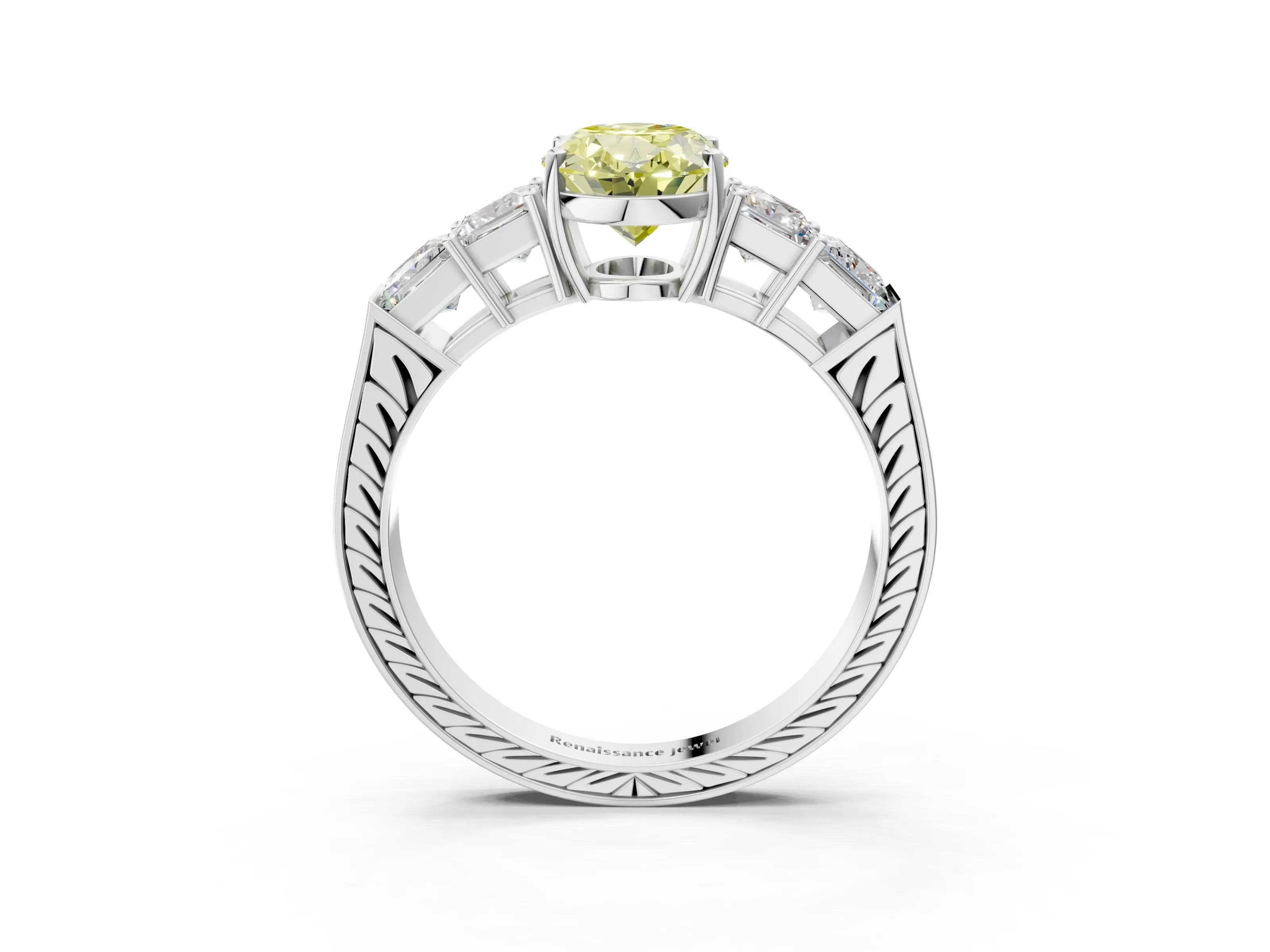 White gold Fancy Yellow Oval Cut Solitaire Princess Side Stone Engraved Band Prong Setting Ring_15