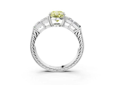 White gold Fancy Yellow Oval Cut Solitaire Princess Side Stone Engraved Band Prong Setting Ring_15