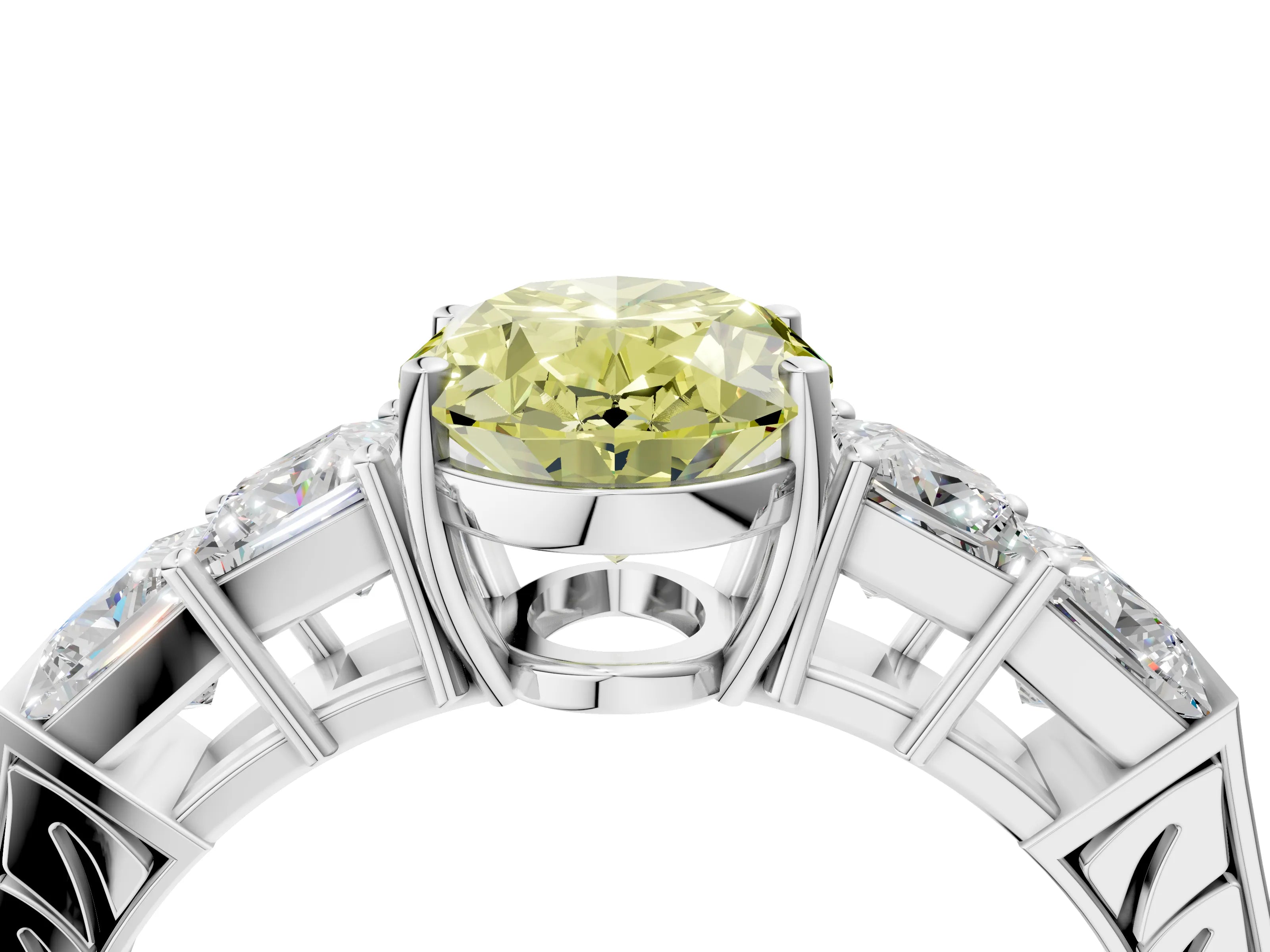 White gold Fancy Yellow Oval Cut Solitaire Princess Side Stone Engraved Band Prong Setting Ring_16