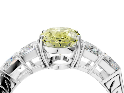 White gold Fancy Yellow Oval Cut Solitaire Princess Side Stone Engraved Band Prong Setting Ring_16