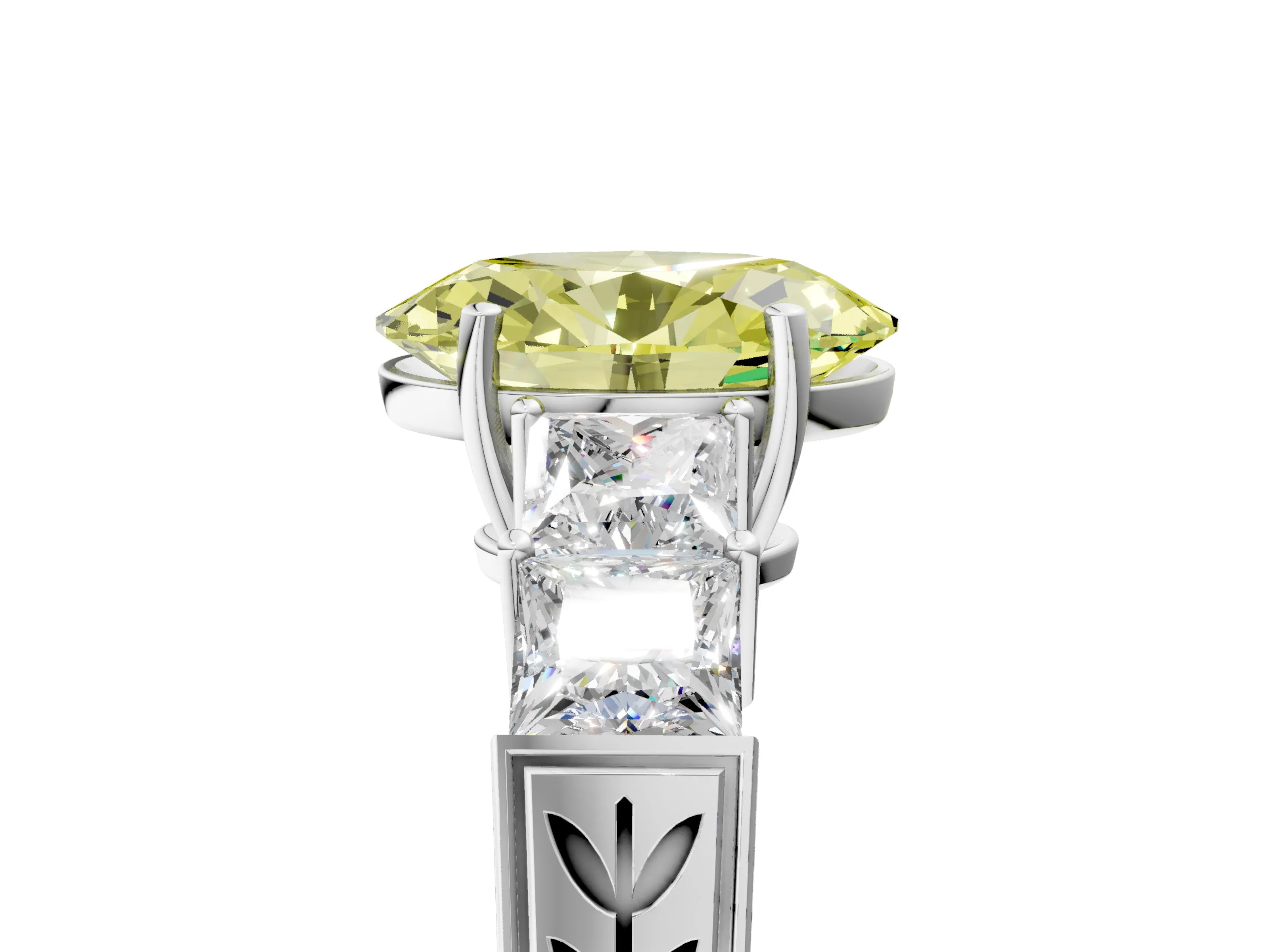 White gold Fancy Yellow Oval Cut Solitaire Princess Side Stone Engraved Band Prong Setting Ring_17