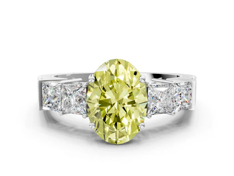 White gold Fancy Yellow Oval Cut Solitaire Princess Side Stone Engraved Band Prong Setting Ring