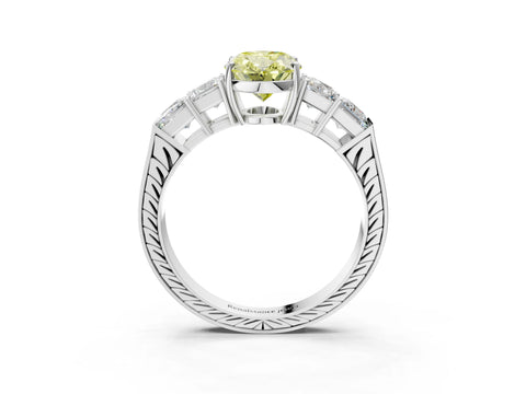 White gold Fancy Yellow Oval Cut Solitaire Princess Side Stone Engraved Band Prong Setting Ring_3